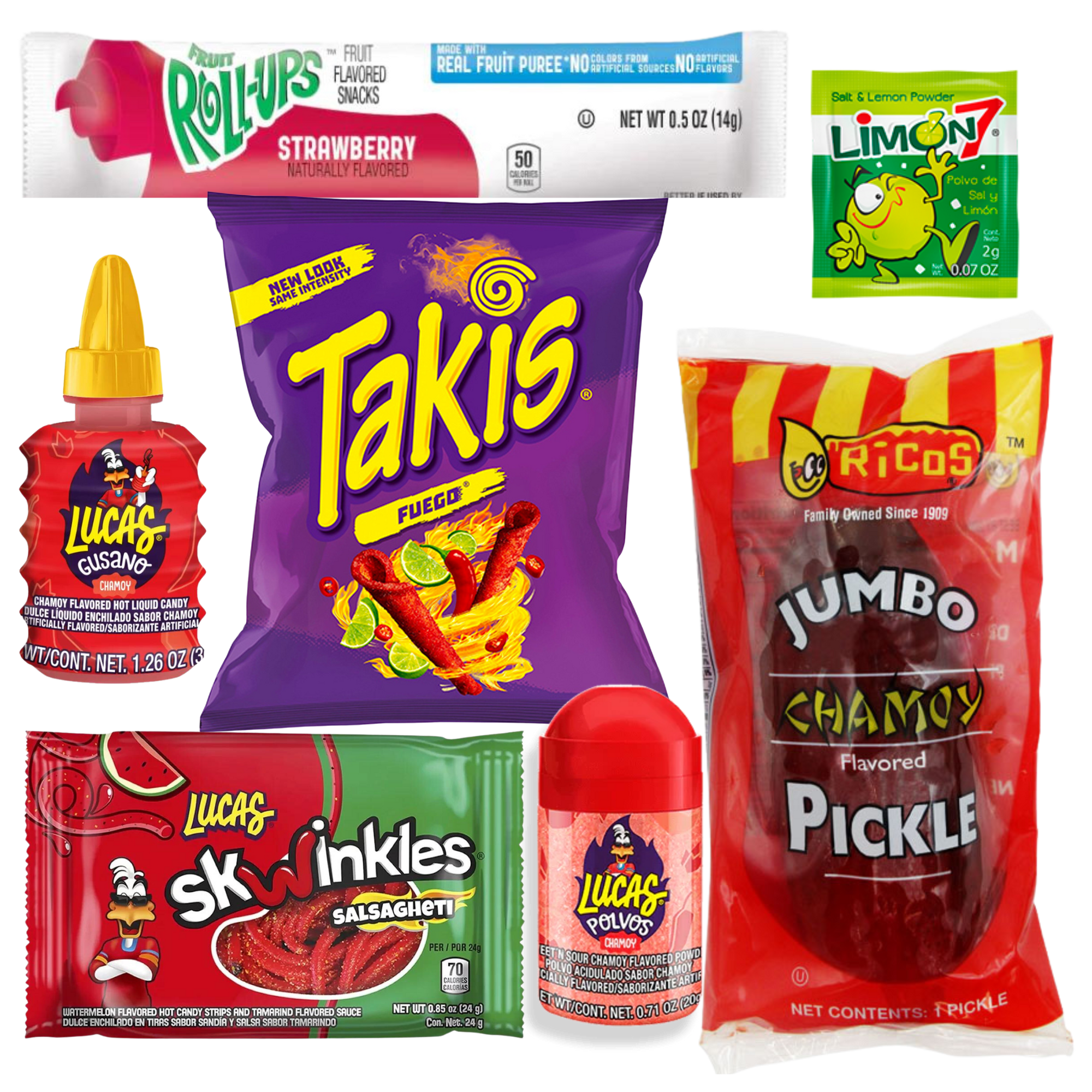 Chamoy Pickle Kit with Ricos Chamoy Pickle and Takis and fruit rollup